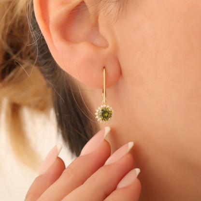 14K Solid Gold Peridot Dangle Earrings in Round Shape Surrounded by Real Diamonds, August Birthstone Jewelry