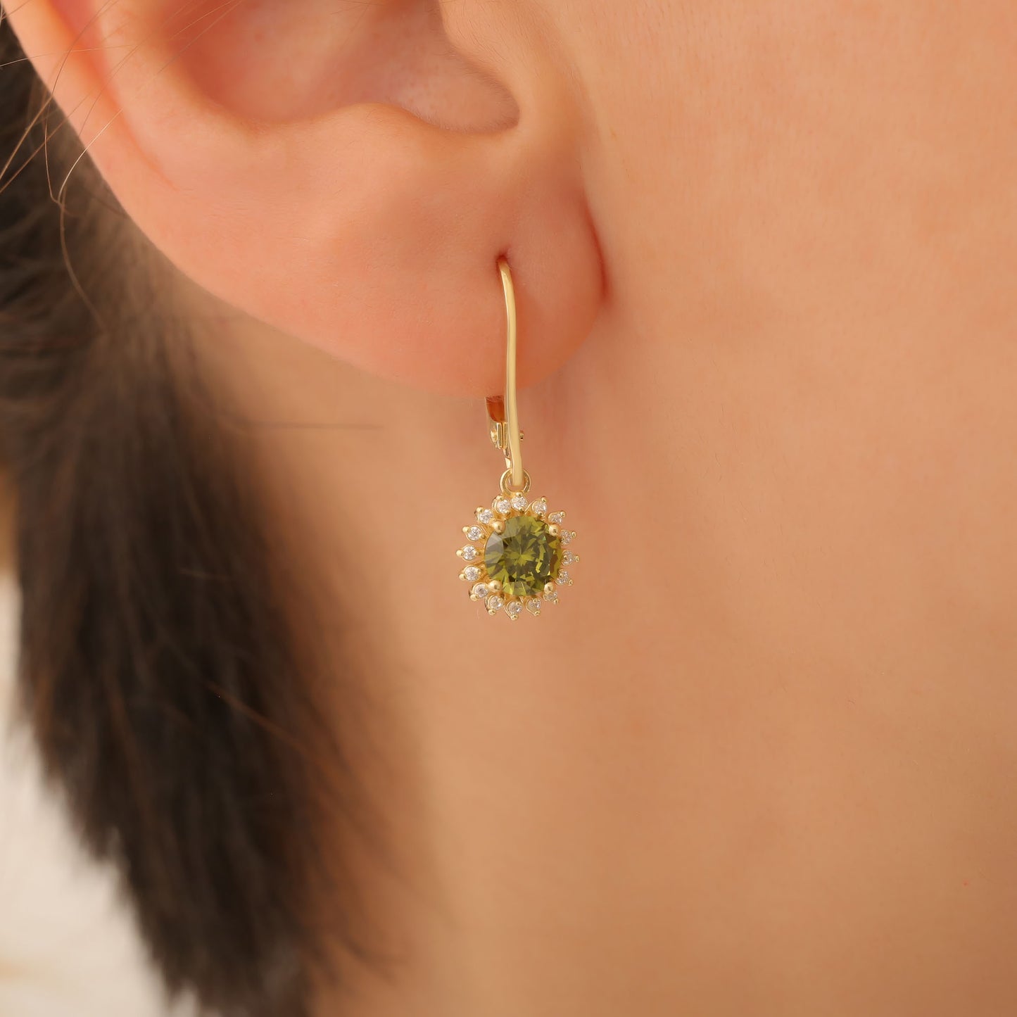 14K Solid Gold Peridot Dangle Earrings in Round Shape Surrounded by Real Diamonds, August Birthstone Jewelry