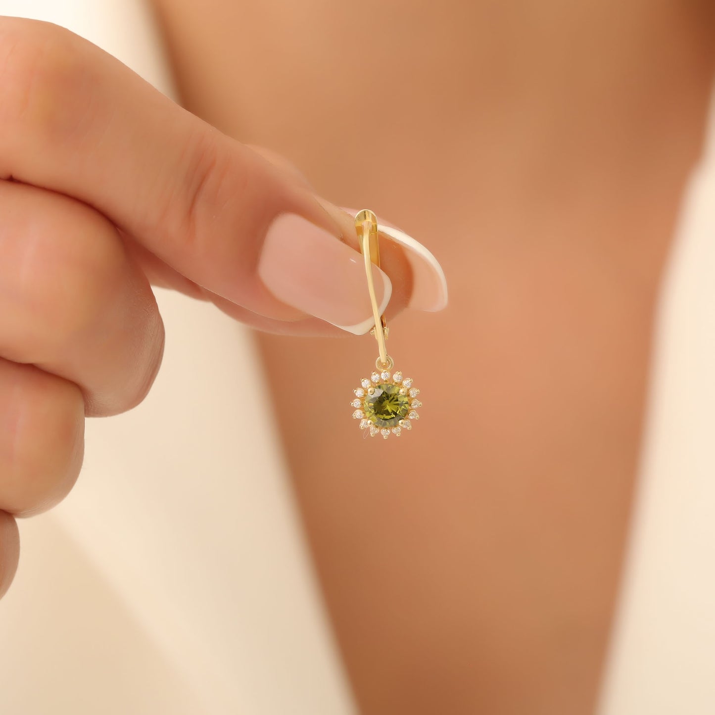 14K Solid Gold Peridot Dangle Earrings in Round Shape Surrounded by Real Diamonds, August Birthstone Jewelry