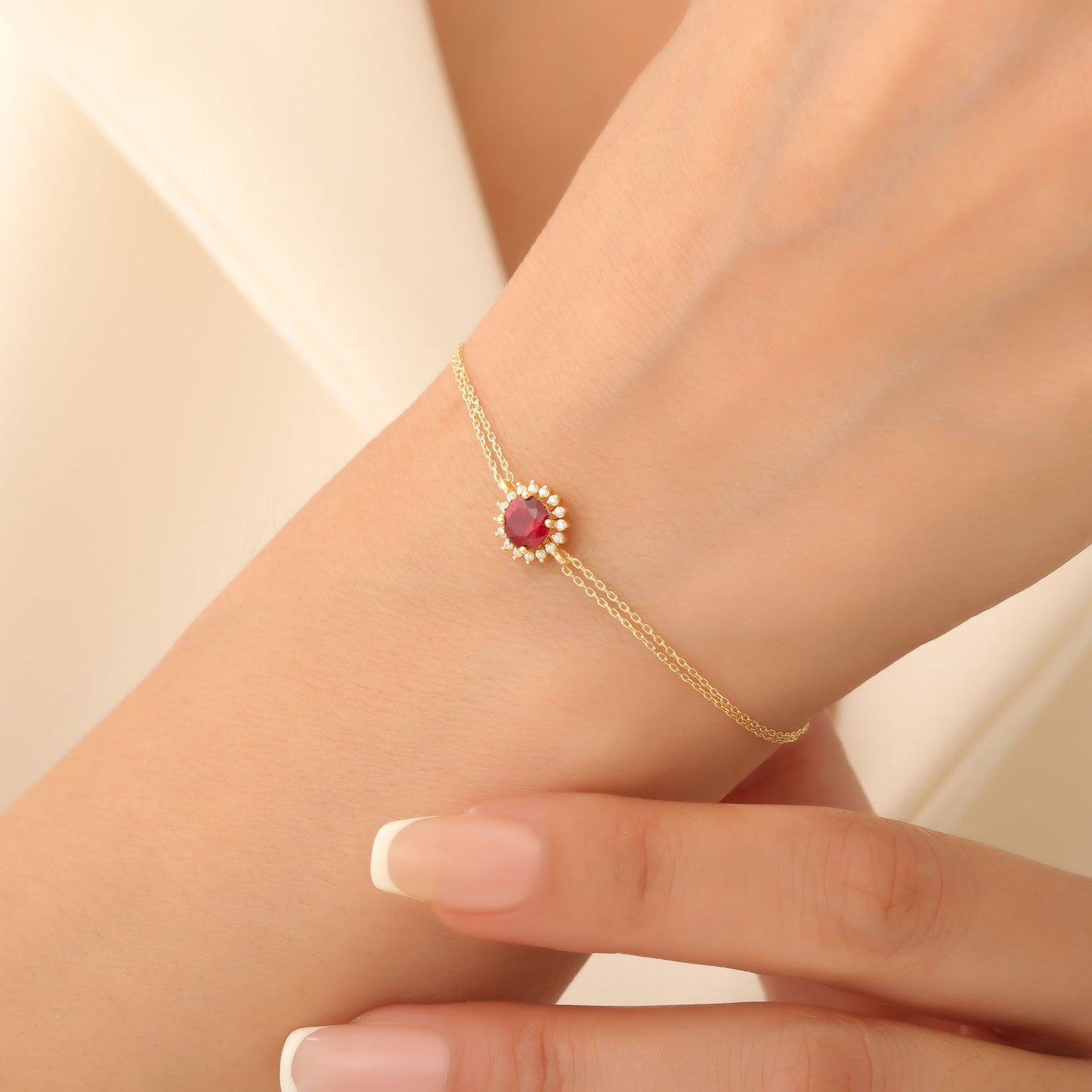 14K Solid Gold Ruby Bracelet in Round Shape Surrounded by Real Diamonds, Perfect for Elegant Anniversary, Christmas or July Birthstone Gift