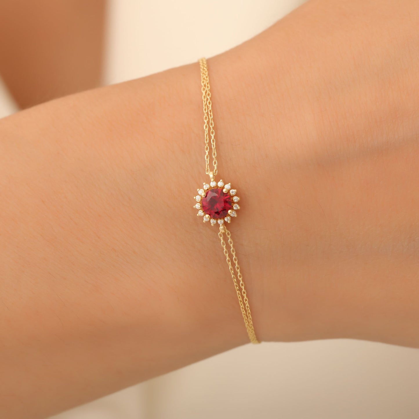 14K Solid Gold Ruby Bracelet in Round Shape Surrounded by Real Diamonds, Perfect for Elegant Anniversary, Christmas or July Birthstone Gift