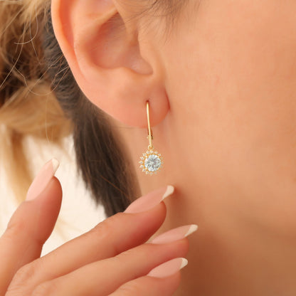 14K Solid Gold Aquamarine Dangle Earrings in Round Shape Surrounded by Real Diamonds, Birthstone Jewelry for March Gifts