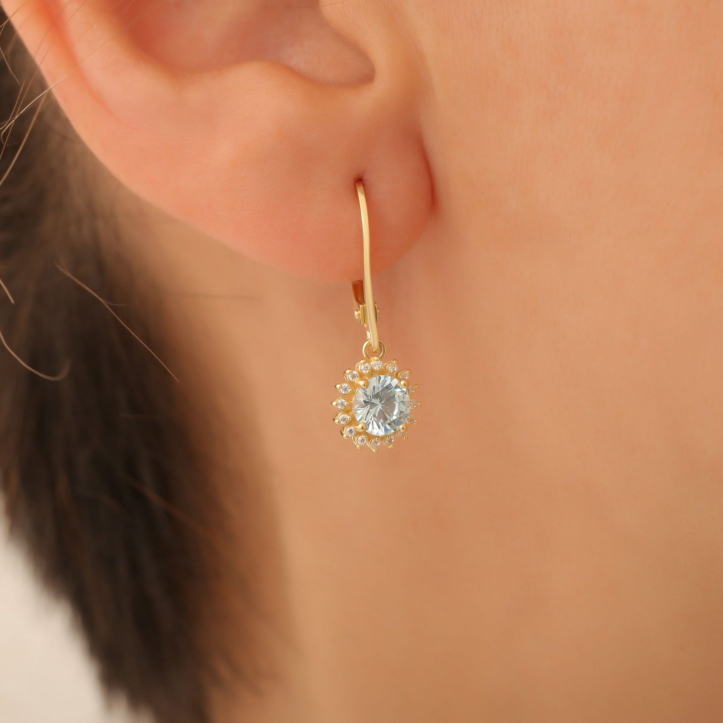 14K Solid Gold Aquamarine Dangle Earrings in Round Shape Surrounded by Real Diamonds, Birthstone Jewelry for March Gifts