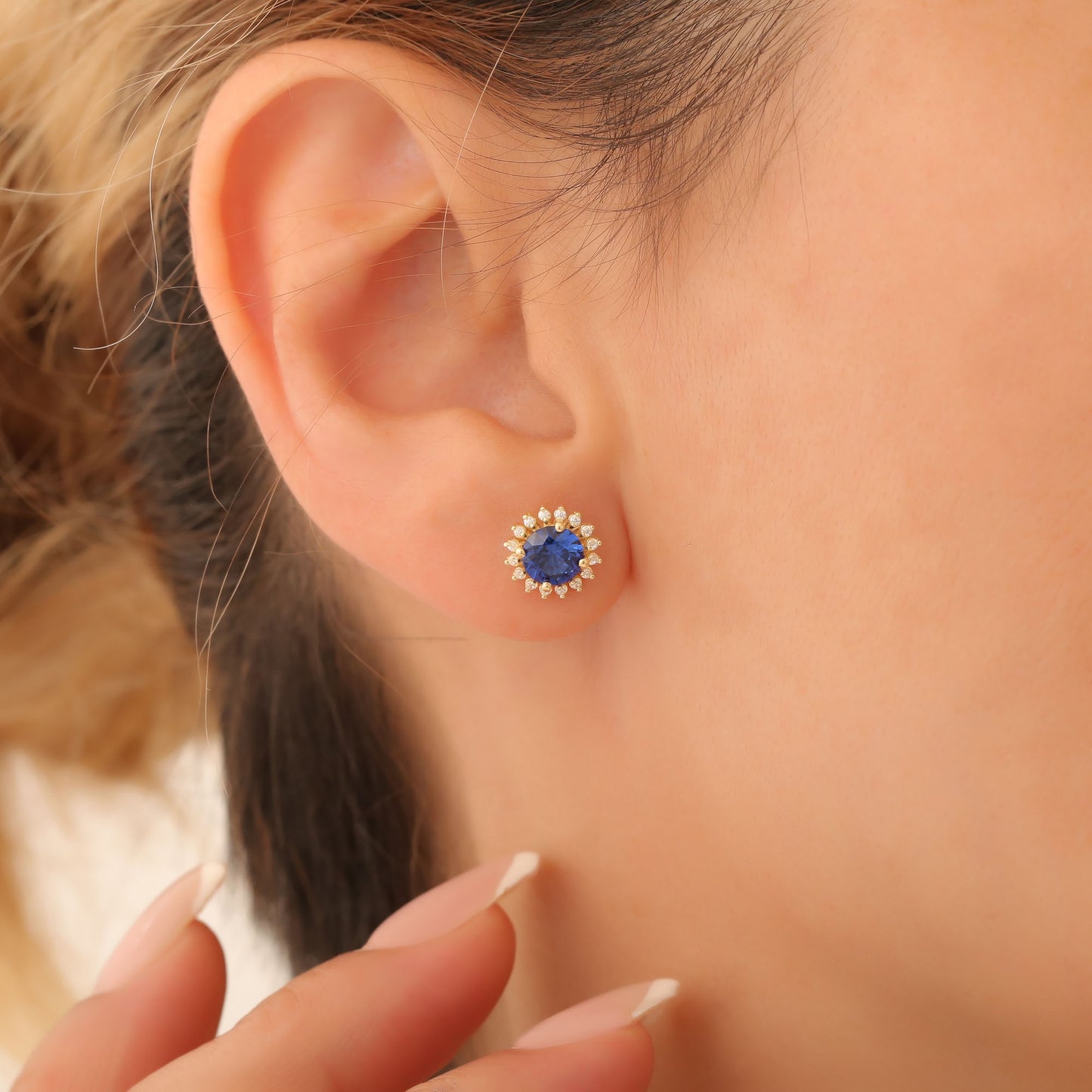 14K Solid Gold Sapphire Stud Earrings in Round Shape Surrounded by Real Diamonds, Birthstone Jewelry for September