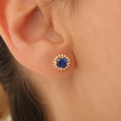 14K Solid Gold Sapphire Stud Earrings in Round Shape Surrounded by Real Diamonds, Birthstone Jewelry for September