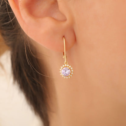 14K Solid Gold Alexandrite Dangle Earrings in Round Shape Surrounded by Real Diamonds, June Birthstone Jewelry