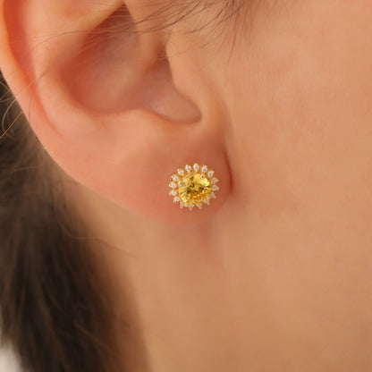 14K Solid Gold Yellow Topaz Stud Earrings in Round Shape Surrounded by Real Diamonds