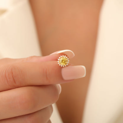 14K Solid Gold Yellow Topaz Stud Earrings in Round Shape Surrounded by Real Diamonds