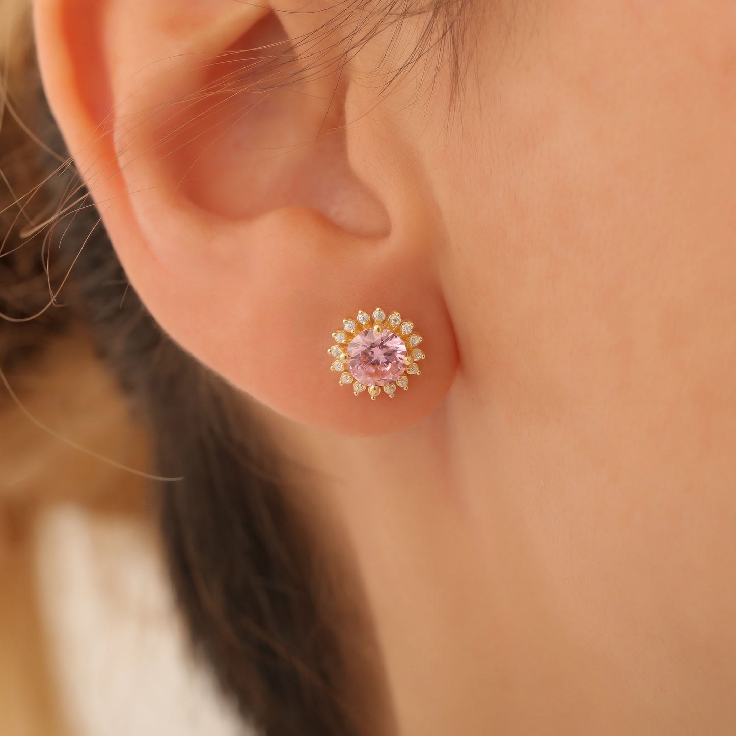 14K Solid Gold Pink Tourmaline Stud Earrings in Round Shape Surrounded by Real Diamonds Timeless Jewelry for October