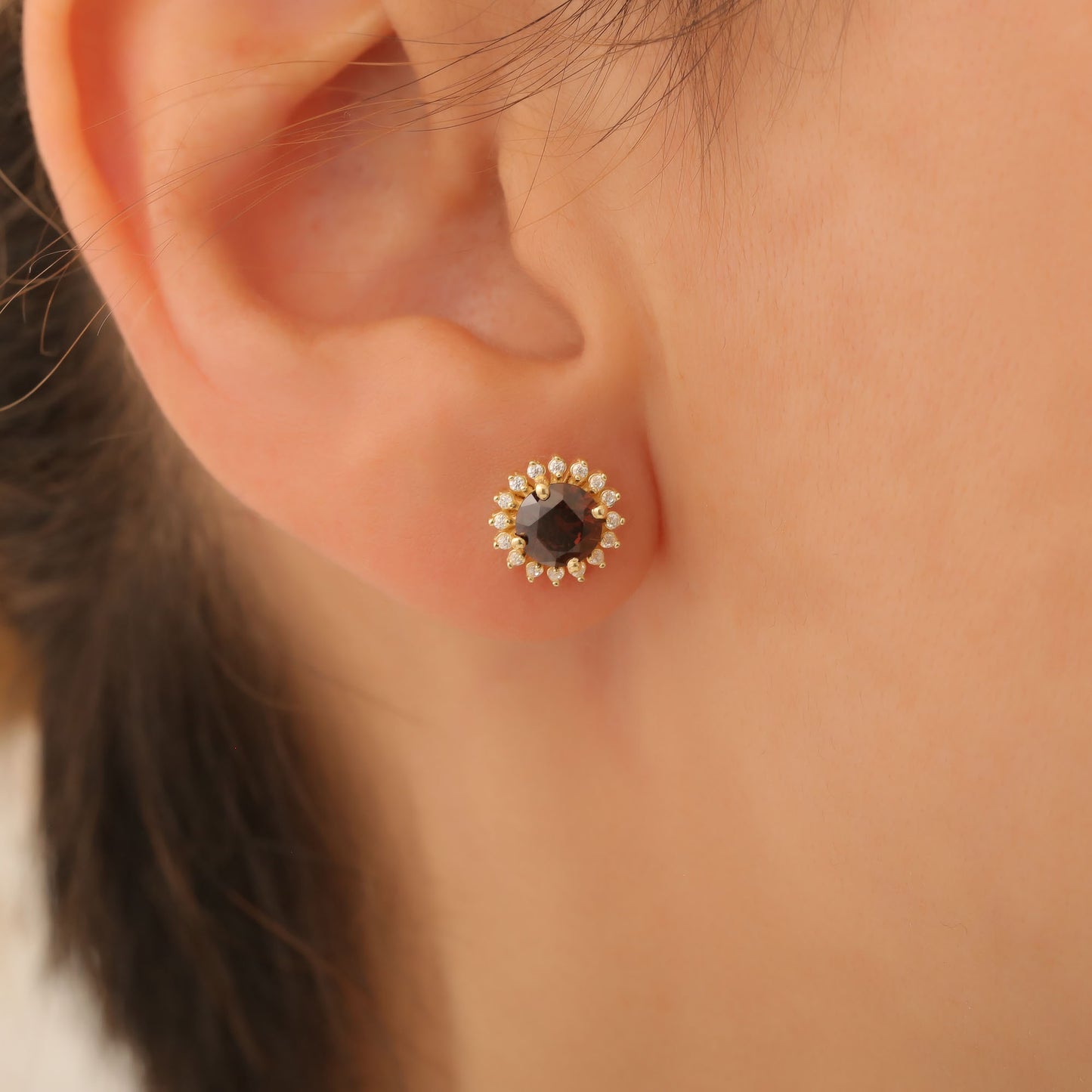 14K Solid Gold Smoky Quartz Stud Earrings in Round Shape Surrounded by Real Diamonds