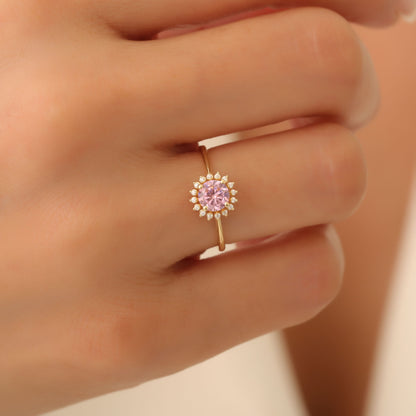 Pink Tourmaline Ring in Round 14K Solid Gold Shape Surrounded by Real Diamonds, October Birthstone