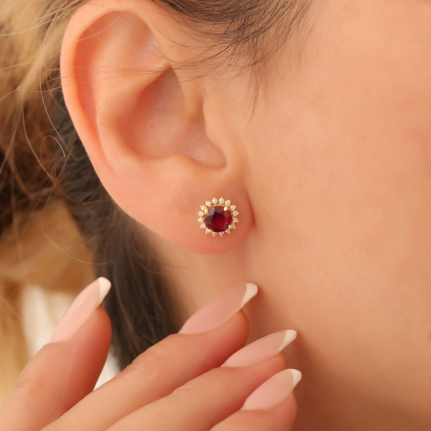 14K Solid Gold Ruby Stud Earrings in Round Shape Surrounded by Real Diamonds, Perfect for Elegant Christmas or July Birthstone Gift