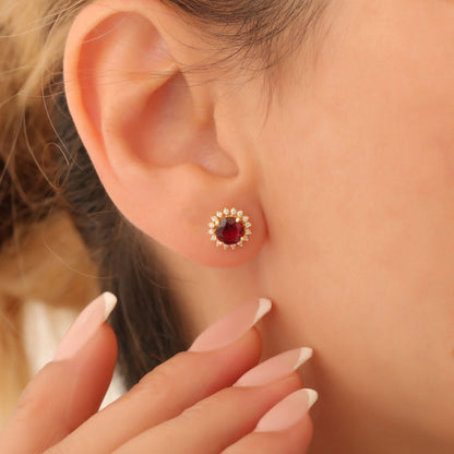 14K Solid Gold Ruby Stud Earrings in Round Shape Surrounded by Real Diamonds, Perfect for Elegant Christmas or July Birthstone Gift