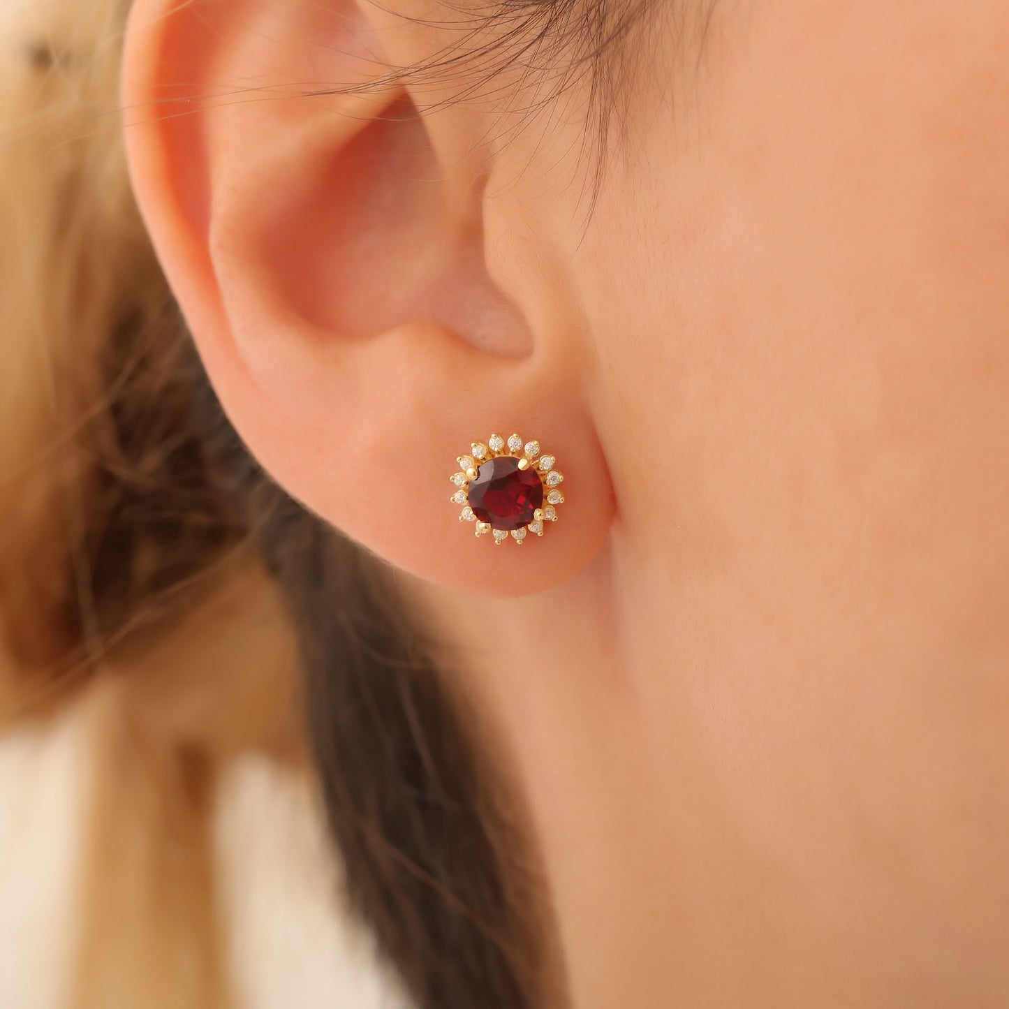 14K Solid Gold Ruby Stud Earrings in Round Shape Surrounded by Real Diamonds, Perfect for Elegant Christmas or July Birthstone Gift