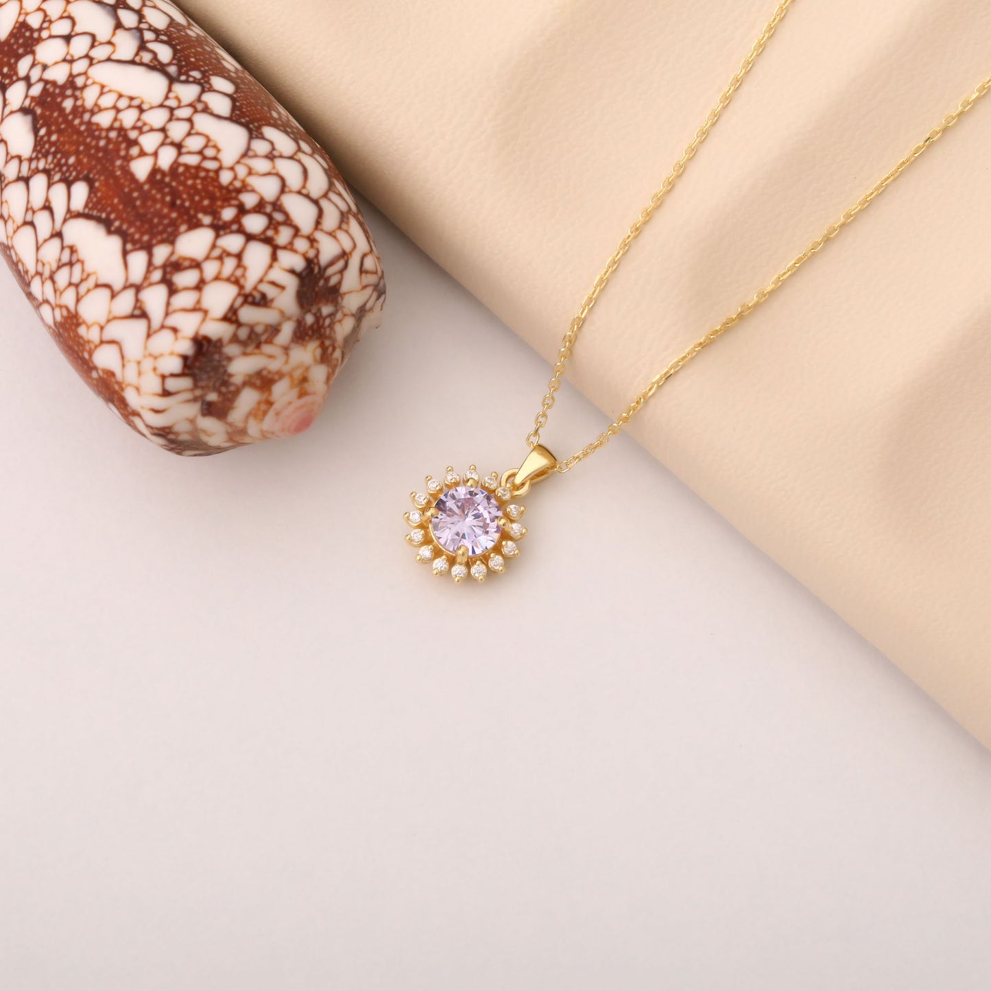 14K Solid Gold Alexandrite Necklace in Round Shape Surrounded by Real Diamonds, June Birthstone Jewelry