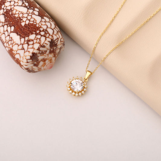 14K Solid Gold White Topaz Necklace in Round Shape Surrounded by Real Diamonds, Birthstone Jewelry for April Gifts