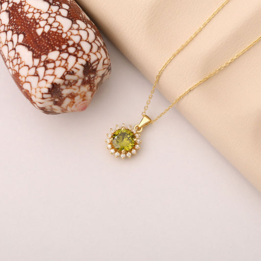 14K Solid Gold Peridot Necklace in Round Shape Surrounded by Real Diamonds, August Birthstone Jewelry