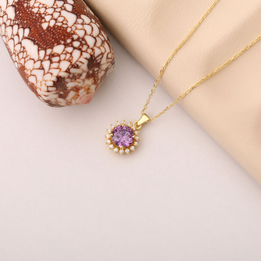 14K Solid Gold Amethyst Necklace in Round Shape Surrounded by Real Diamonds, February Birthstone Jewelry