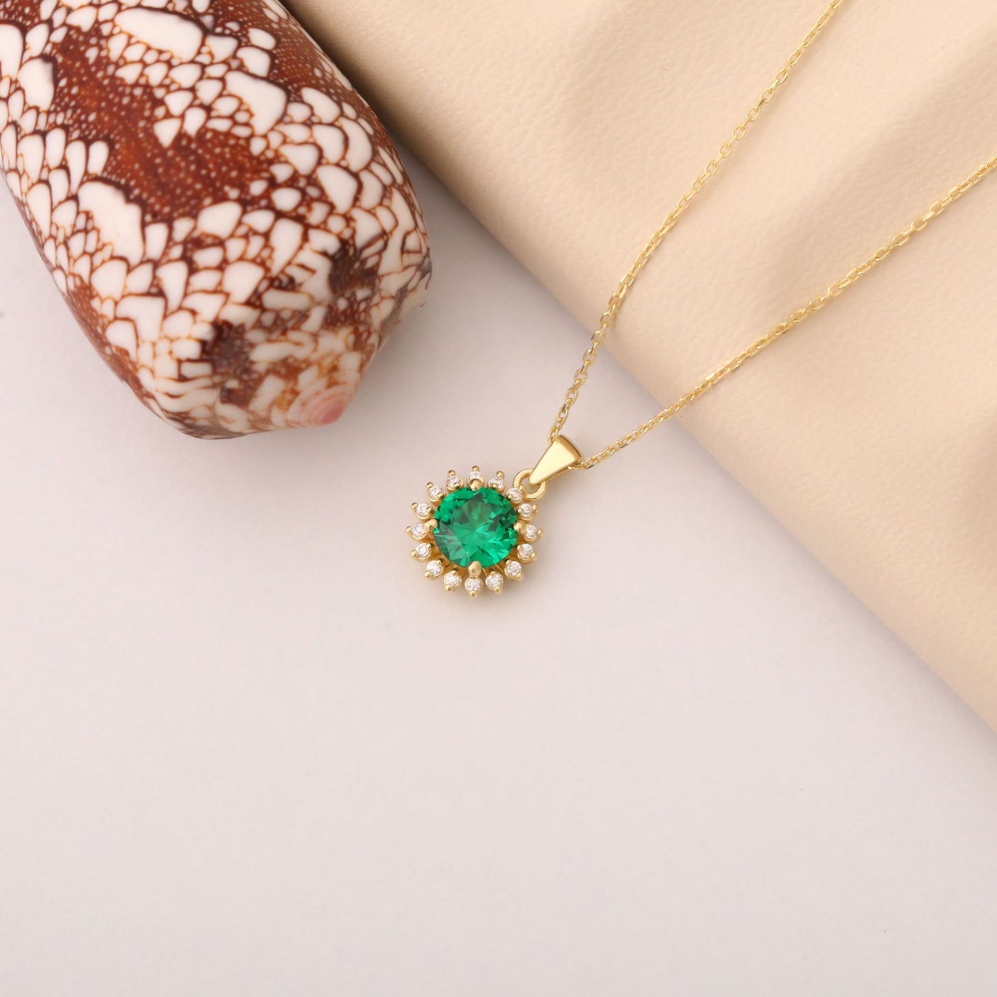 14K Solid Gold Emerald Necklace in Round Shape Surrounded by Real Diamonds, May Birthstone Jewelry