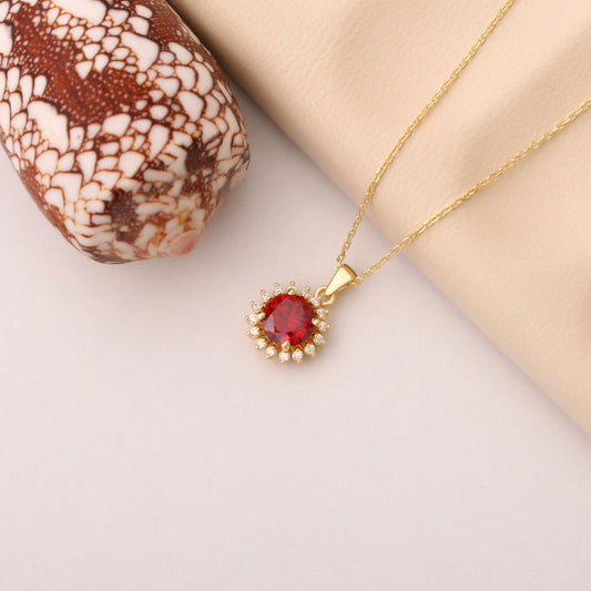 14K Solid Gold Garnet Necklace in Round Shape Surrounded by Real Diamonds, Timeless Birthstone Jewelry for January Gifts