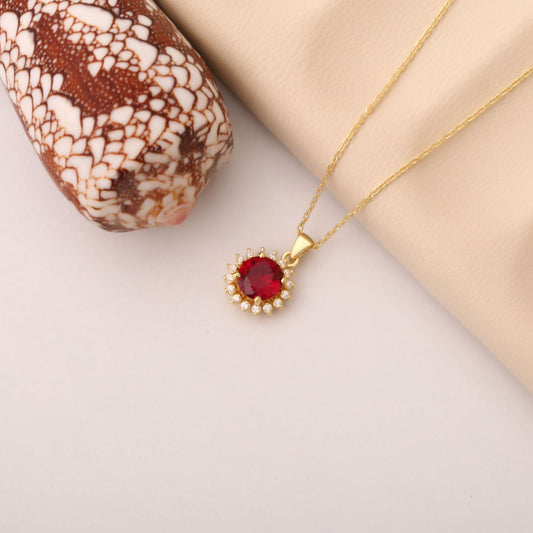 14K Solid Gold Ruby Necklace in Round Shape Surrounded by Real Diamonds, Perfect for Elegant Anniversary, Christmas or July Birthstone Gift