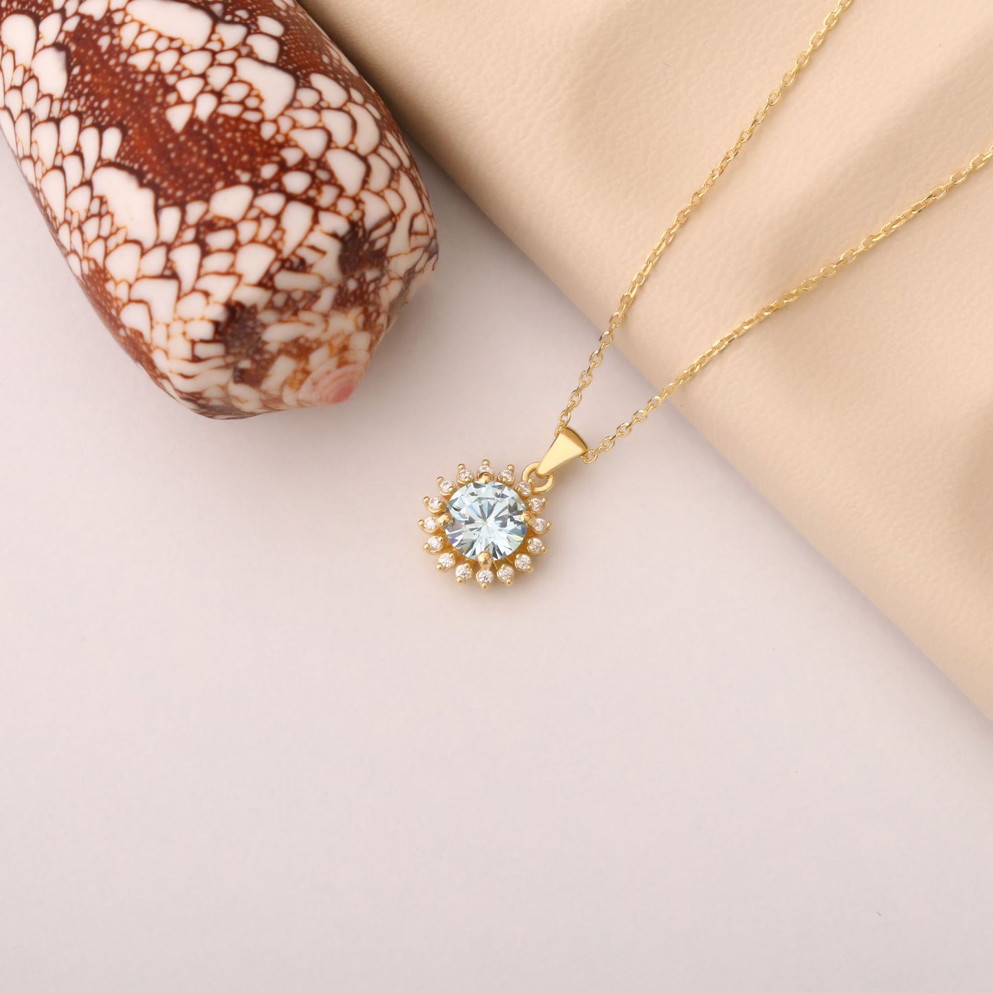 14K Solid Gold Aquamarine Necklace in Round Shape Surrounded by Real Diamonds, Timeless Birthstone Jewelry for March Gifts