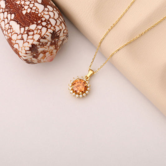 14K Solid Gold Citrine Necklace in Round Shape Surrounded by Real Diamonds, Timeless Birthstone Jewelry for November Gifts