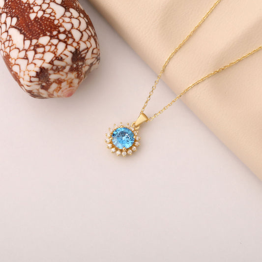 14K Solid Gold Blue Topaz Necklace in Round Shape Surrounded by Real Diamonds, Timeless Birthstone Jewelry for December Gifts