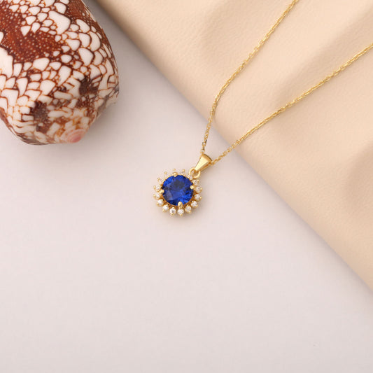 14K Solid Gold Sapphire Necklace in Round Shape Surrounded by Real Diamonds, Birthstone Jewelry for September