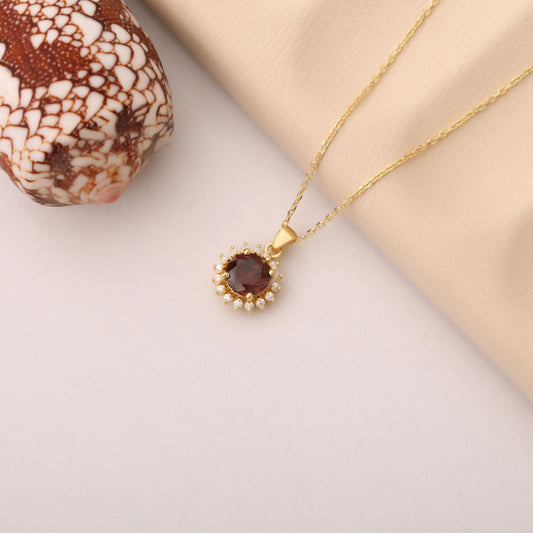 14K Solid Gold Smoky Quartz Necklace in Round Shape Surrounded by Real Diamonds