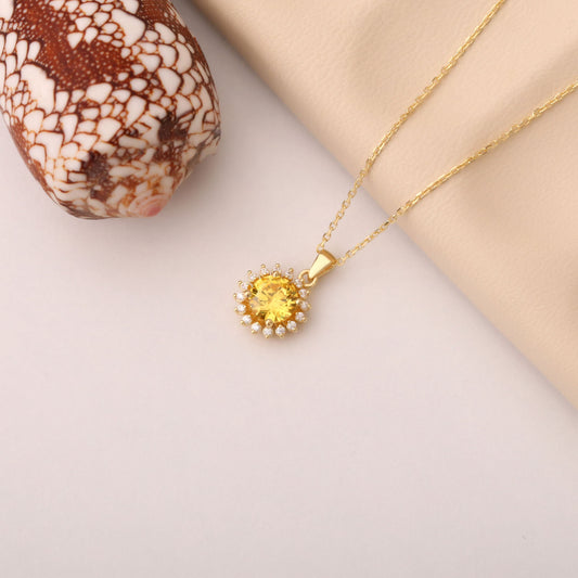 14K Solid Gold Yellow Topaz Necklace in Round Shape Surrounded by Real Diamonds