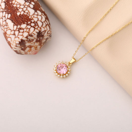 14K Solid Gold Pink Tourmaline Necklace in Round Shape Surrounded by Real Diamonds, Birthstone Jewelry for October Gifts