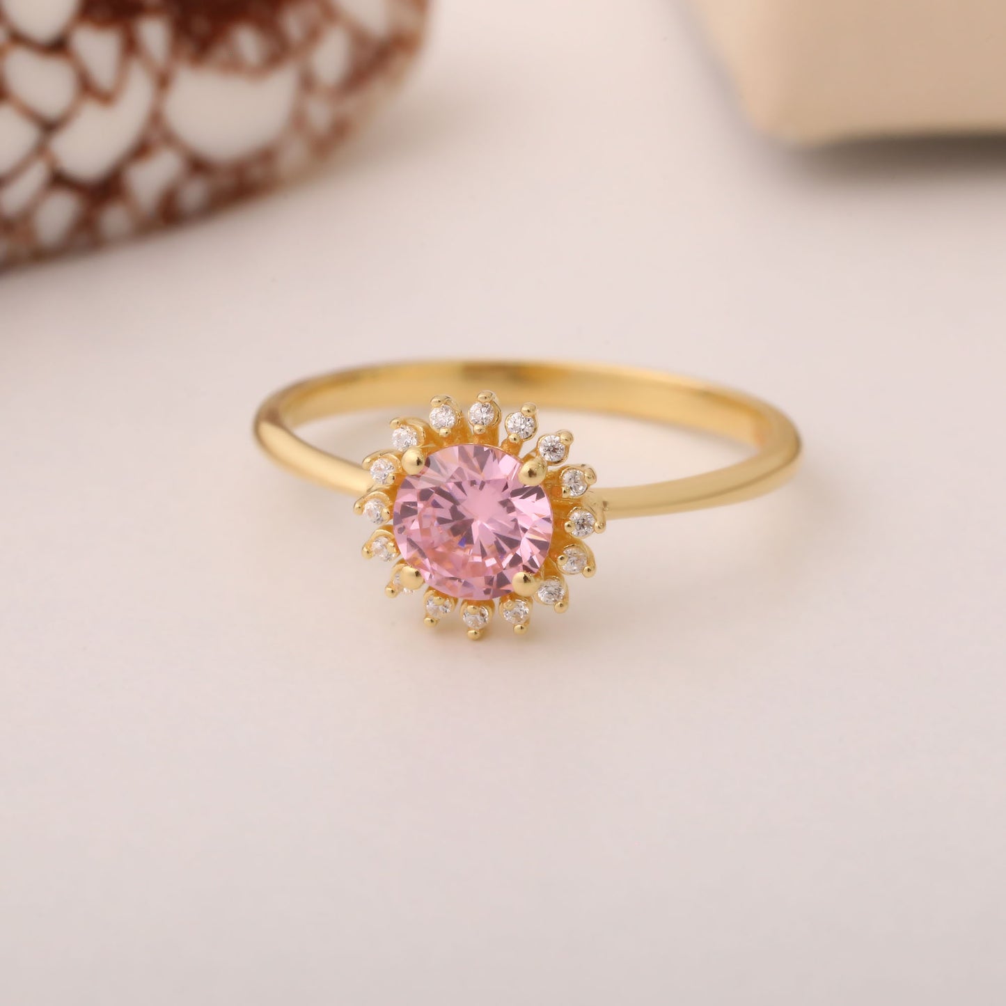 Pink Tourmaline Ring in Round 14K Solid Gold Shape Surrounded by Real Diamonds, October Birthstone