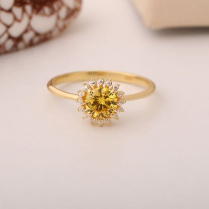 Yellow Topaz Ring in Round 14K Solid Gold Shape Surrounded by Real Diamonds