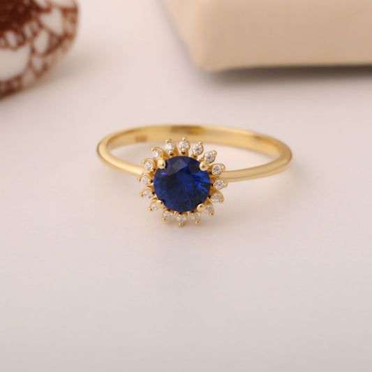 Sapphire Ring in Round 14K Solid Gold Shape Surrounded by Real Diamonds, September Birthstone