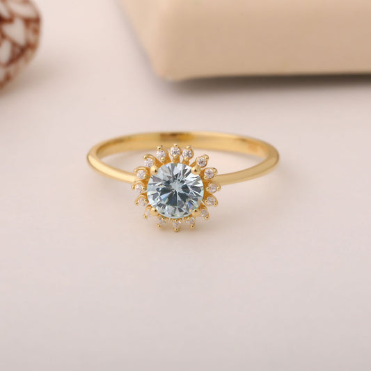 Aquamarine Ring in Round 14K Solid Gold Shape Surrounded by Real Diamonds, March Birthstone