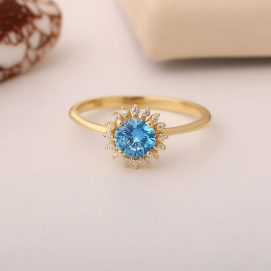 Blue Topaz Ring in Round 14K Solid Gold Shape Surrounded by Real Diamonds, December Birthstone