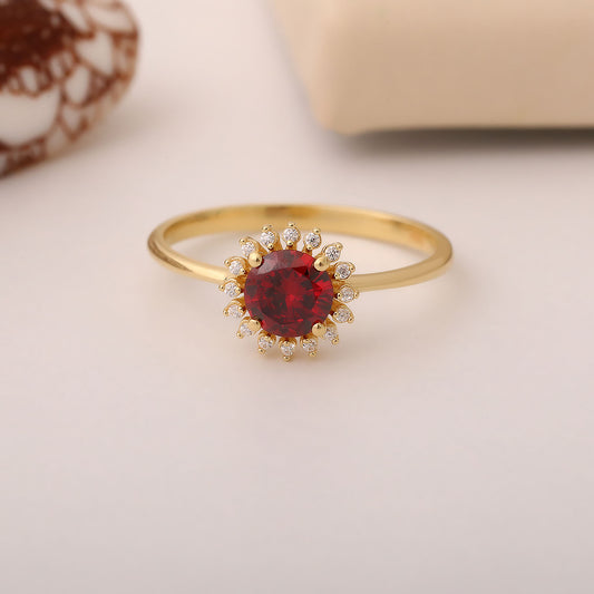 Garnet Ring in Round 14K Solid Gold Shape Surrounded by Real Diamonds, January Birthstone