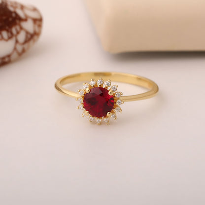 Ruby Ring in Round 14K Solid Gold Shape Surrounded by Real Diamonds, July Birthstone