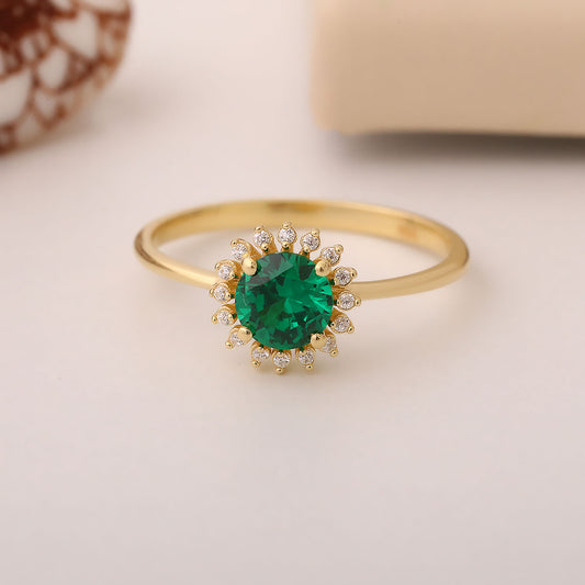 Emerald Ring in Round 14K Solid Gold Shape Surrounded by Real Diamonds, May Birthstone