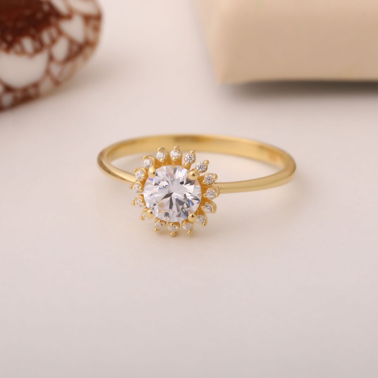 White Topaz Ring in Round 14K Solid Gold Shape Surrounded by Real Diamonds, April Birthstone