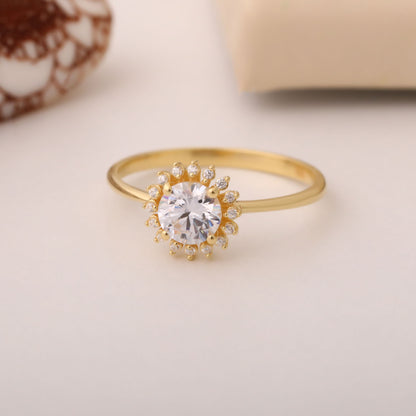 White Topaz Ring in Round 14K Solid Gold Shape Surrounded by Real Diamonds, April Birthstone