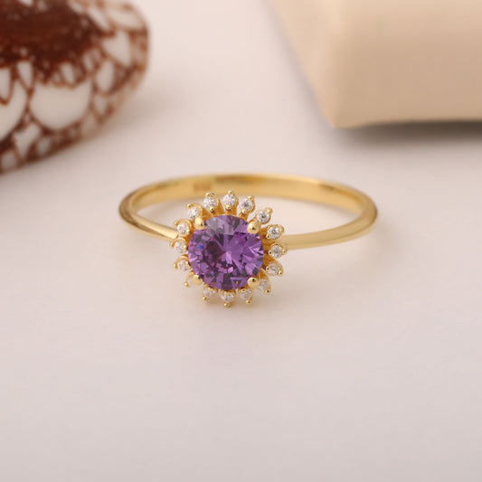 Amethyst Ring in Round 14K Solid Gold Shape Surrounded by Real Diamonds, February Birthstone