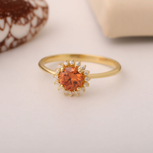 Citrine Ring in Round 14K Solid Gold Shape Surrounded by Real Diamonds, November Birthstone