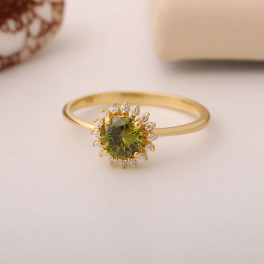 Peridot Ring in Round 14K Solid Gold Shape Surrounded by Real Diamonds, August Birthstone