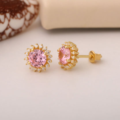 14K Solid Gold Pink Tourmaline Stud Earrings in Round Shape Surrounded by Real Diamonds Timeless Jewelry for October