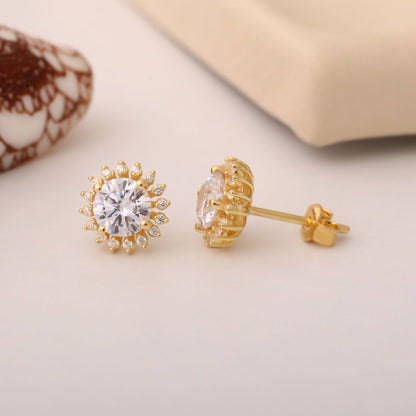 14K Solid Gold White Topaz Stud Earrings in Round Shape Surrounded by Real Diamonds, Birthstone Jewelry for April