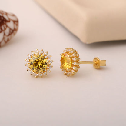 14K Solid Gold Yellow Topaz Stud Earrings in Round Shape Surrounded by Real Diamonds