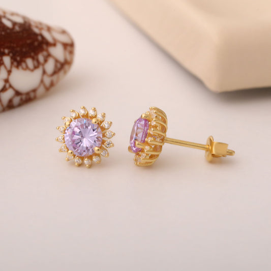 14K Solid Gold Alexandrite Stud Earrings in Round Shape Surrounded by Real Diamonds, June Birthstone Jewelry