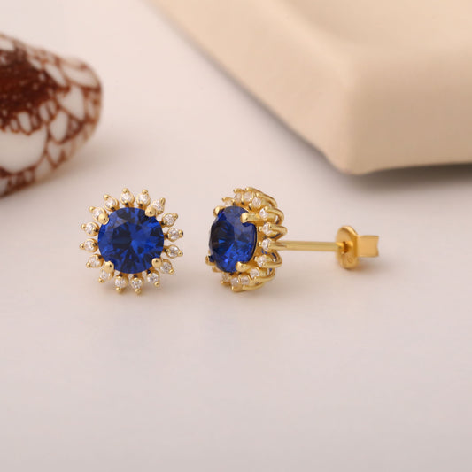 14K Solid Gold Sapphire Stud Earrings in Round Shape Surrounded by Real Diamonds, Birthstone Jewelry for September